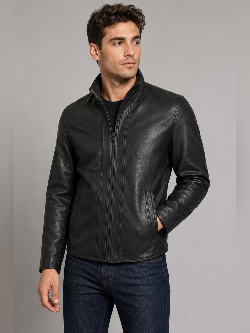NWT NOS Marc New York Genuine Leather Jacket Black Zip Front Stand Collar Size S